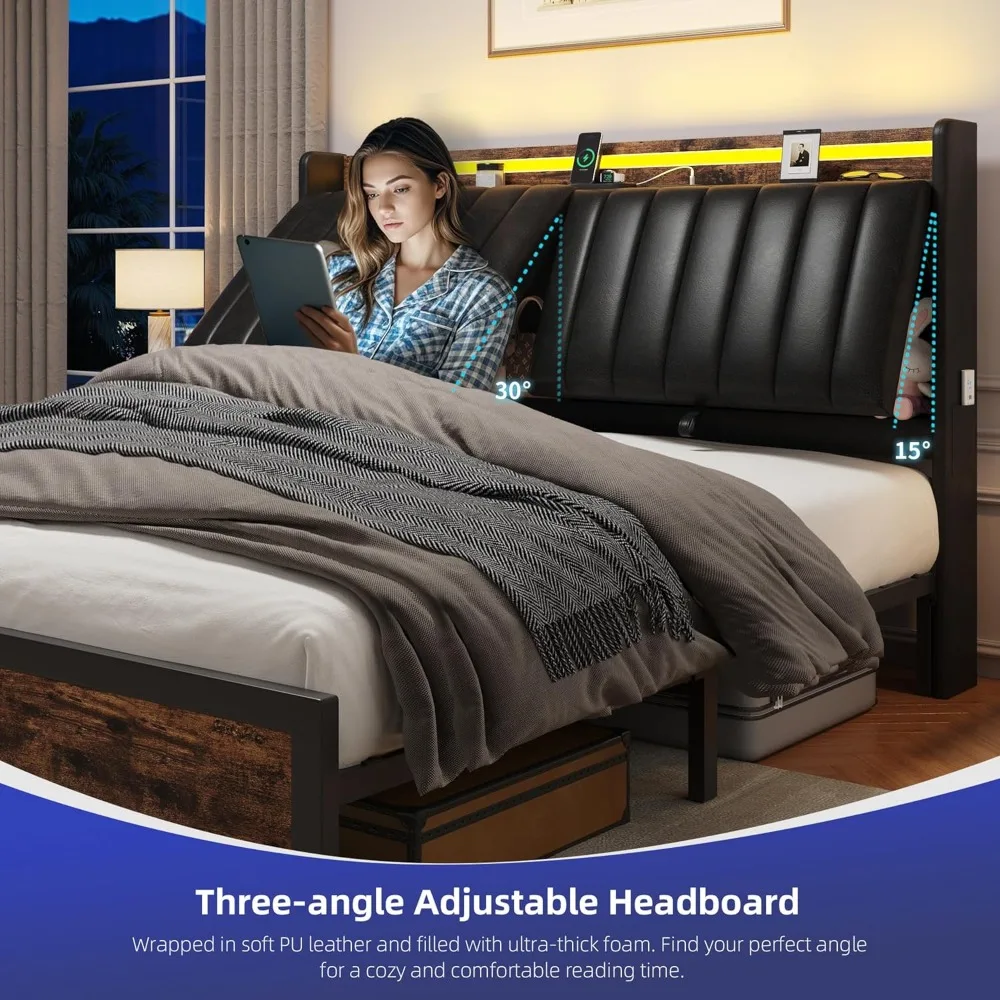 إطار سرير كوين بمسند ظهر قابل للتعديل مع مساحة تخزين مخفية ومنفروشات جلدية من البولي يوريثان، يتضمن محطة شحن