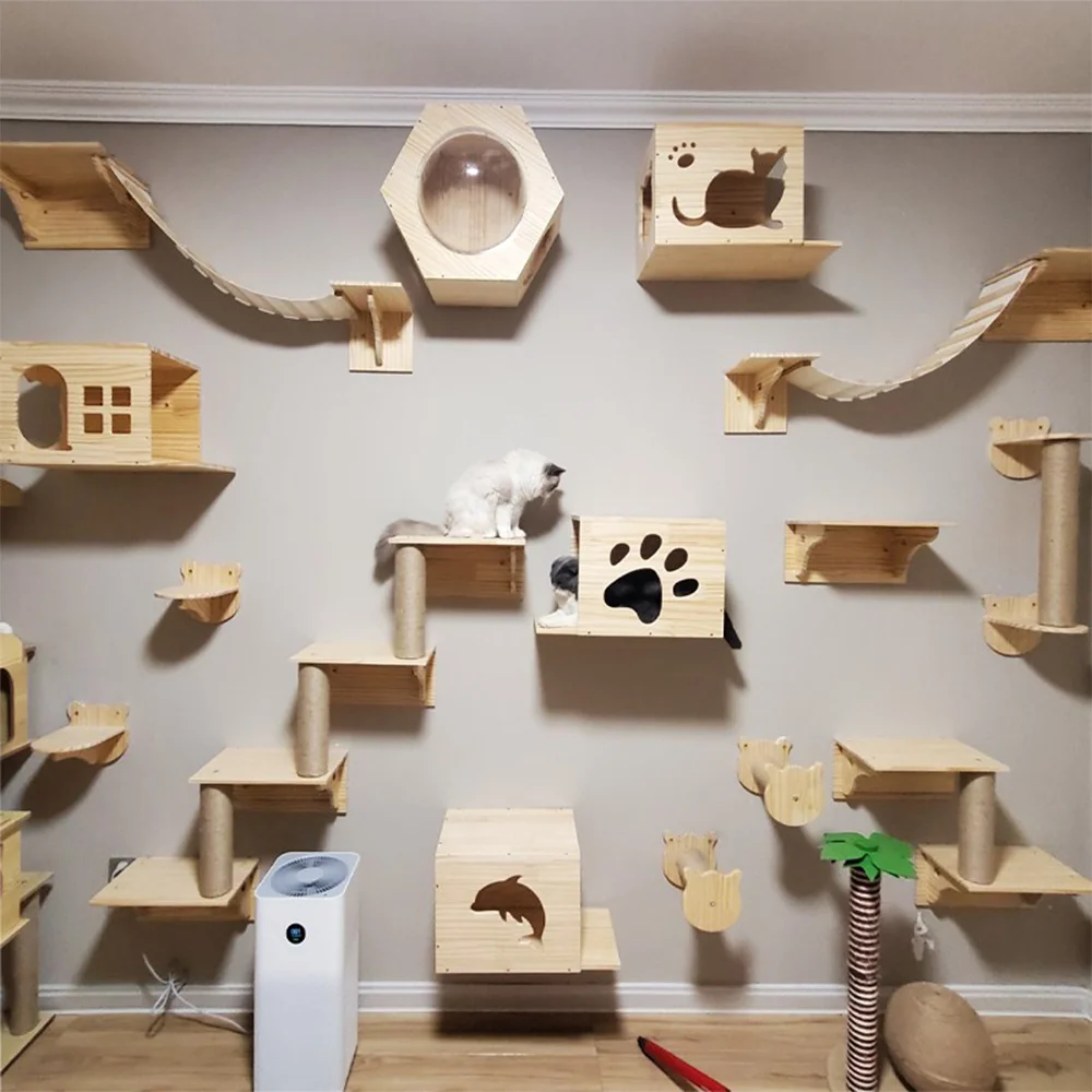 

Wall Mounted Cat Shelves Scratching Post for Cat Jumping Platform and Cat Hammock Rope Ladder Wall Wooden Furniture