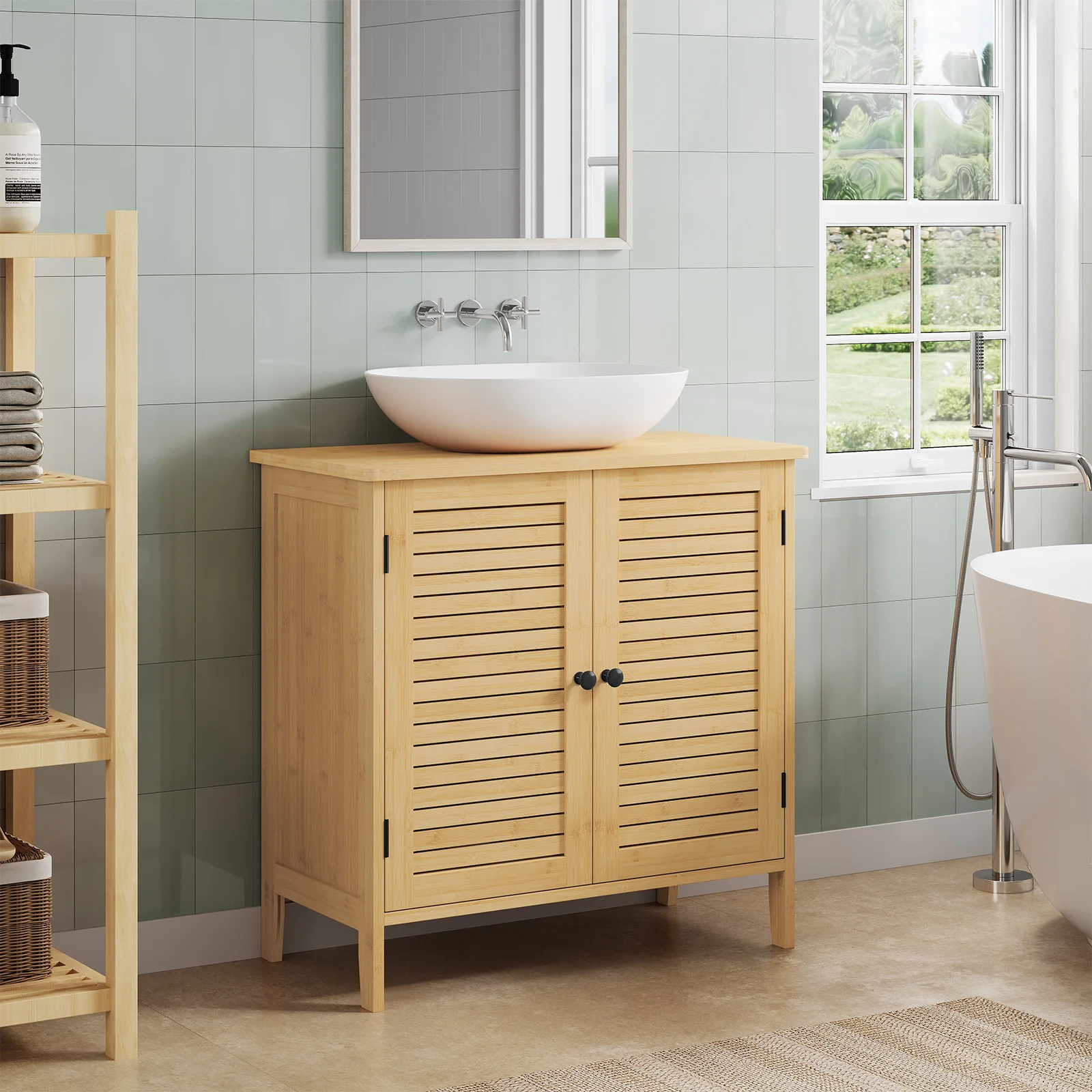 EUGAD Bambus-Badezimmerschrank mit 2 Türen 60x30x60cm Unterschrank-Organizer für Wohnzimmer und Schlafzimmer