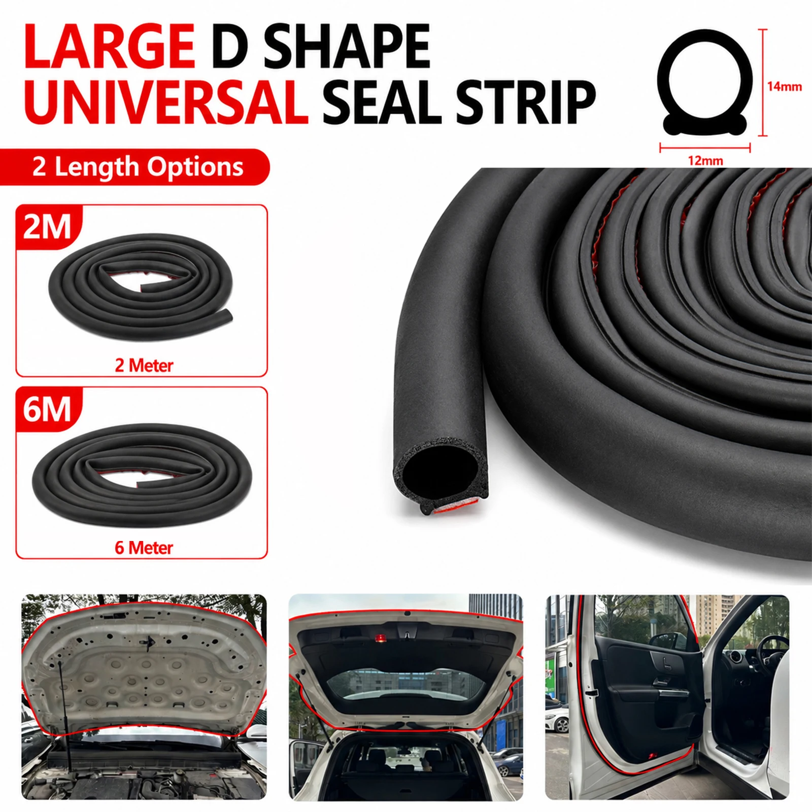 Car Rubber Door Seal Strip Big D Type Sealing Weatherstrip Universal Noise Insulation EPDM Waterproof For Honda Kia VW Opel Ford