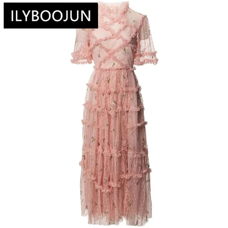 

ILYBOOJUN Fashion Designer Summer Mesh Long Dress Women's O-Neck Short Sleeve Floral Embroidery Ruffles Elegant party Dresses