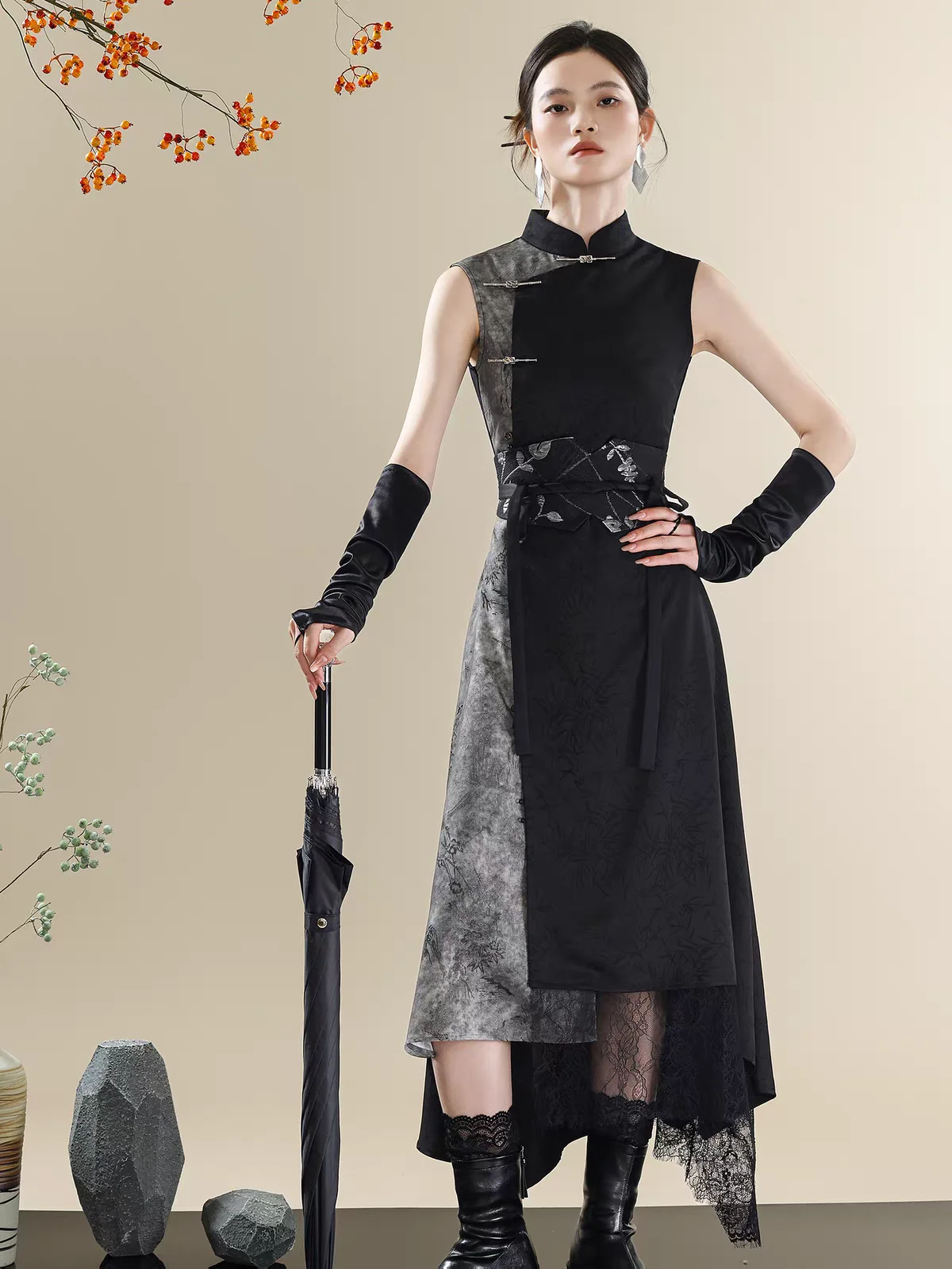 New Chinese Style Dark Grey Wasteland Front Fork Cheongsam Skirt Hottie Serpentine Dress Fiesta Carnival Halloween Cos Cosplay view 4