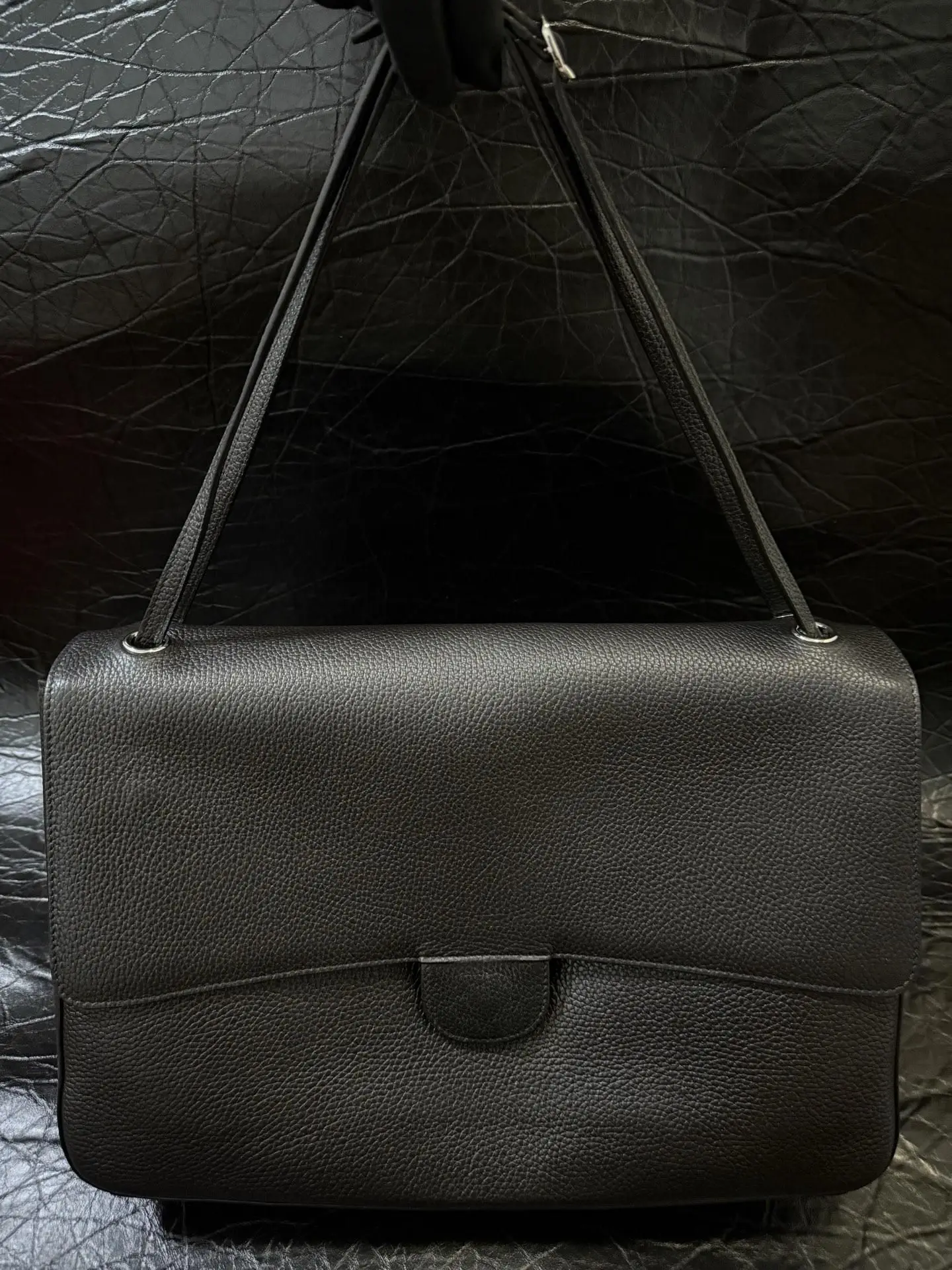 Vintage Black Grain Leather Look Flap Bag Solid Color Long Strap Work Purse