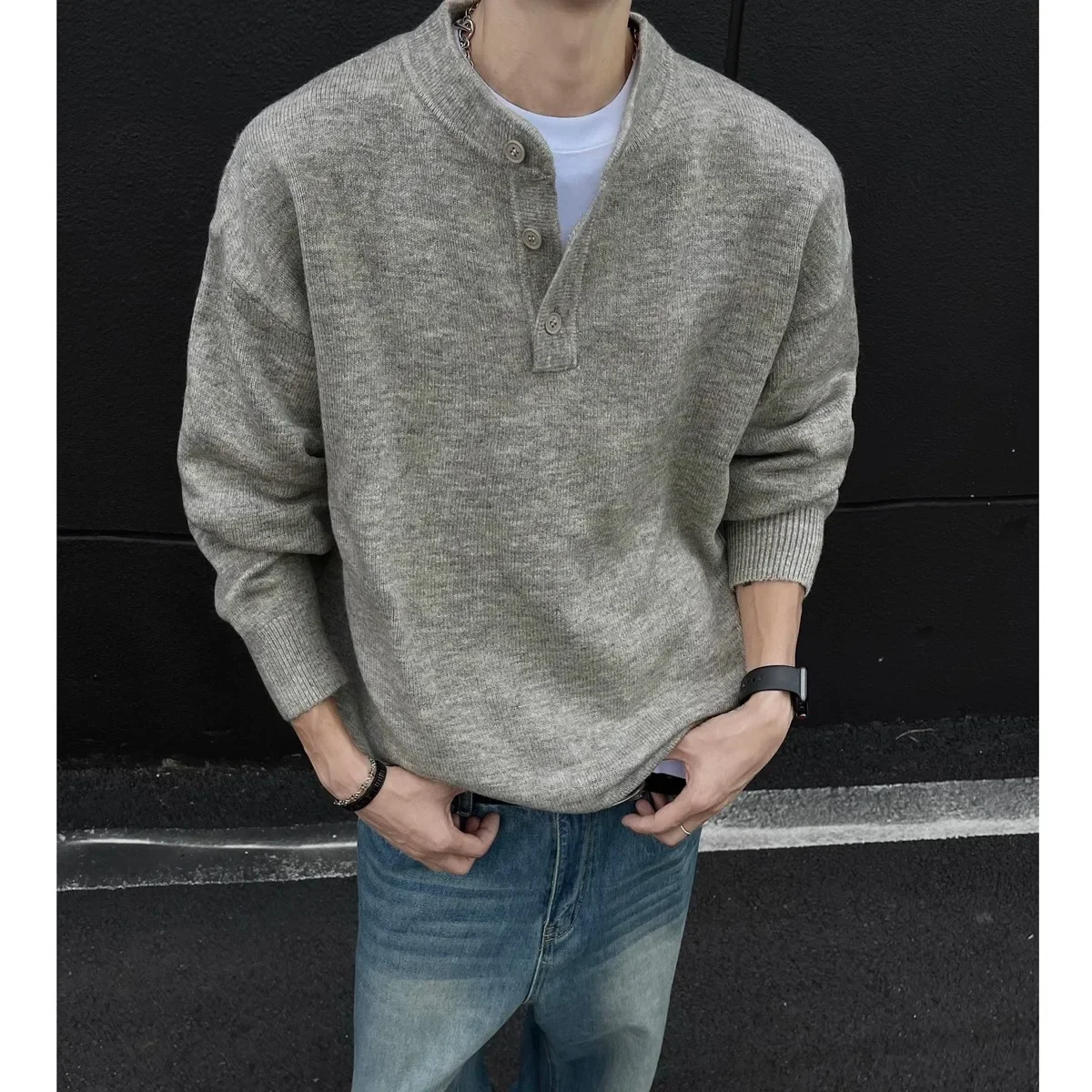 

Men New Solid Pullovers Mock Neck Sweater Long Sleeve Knitted Jumpers Vintage Loose Fit Standard Wool Slight Strech Button 2025