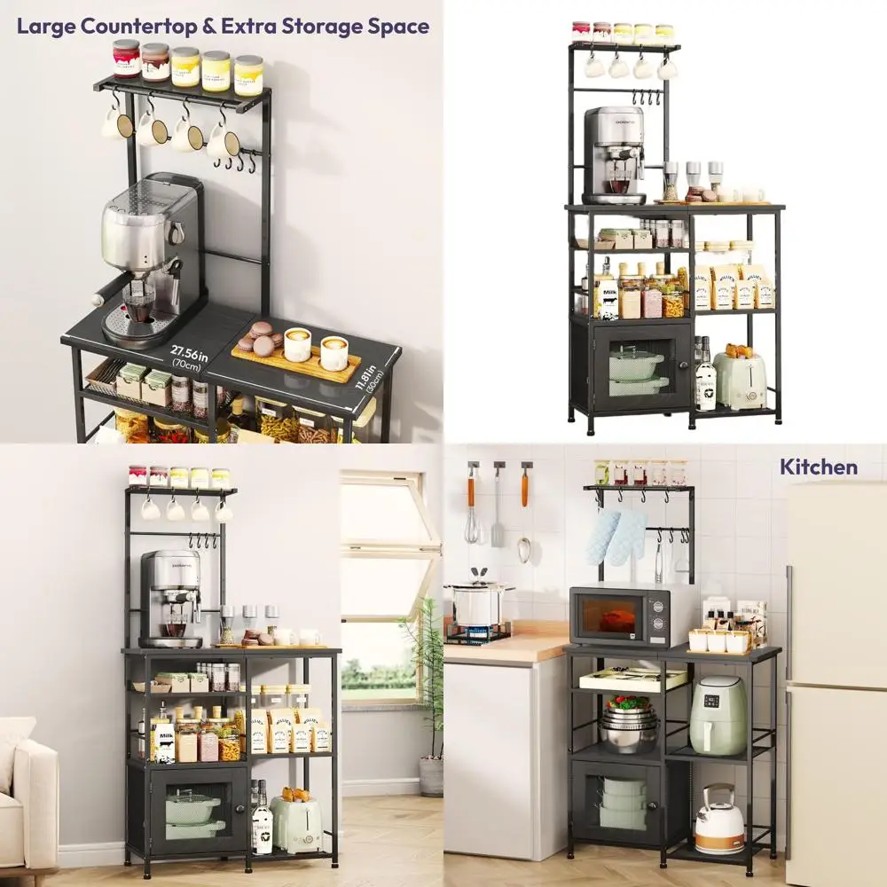 

Kitchen Coffee Bar Storage Rack with 8 Hooks, Shelves, Cabinet, and Adjustable Feet in Black