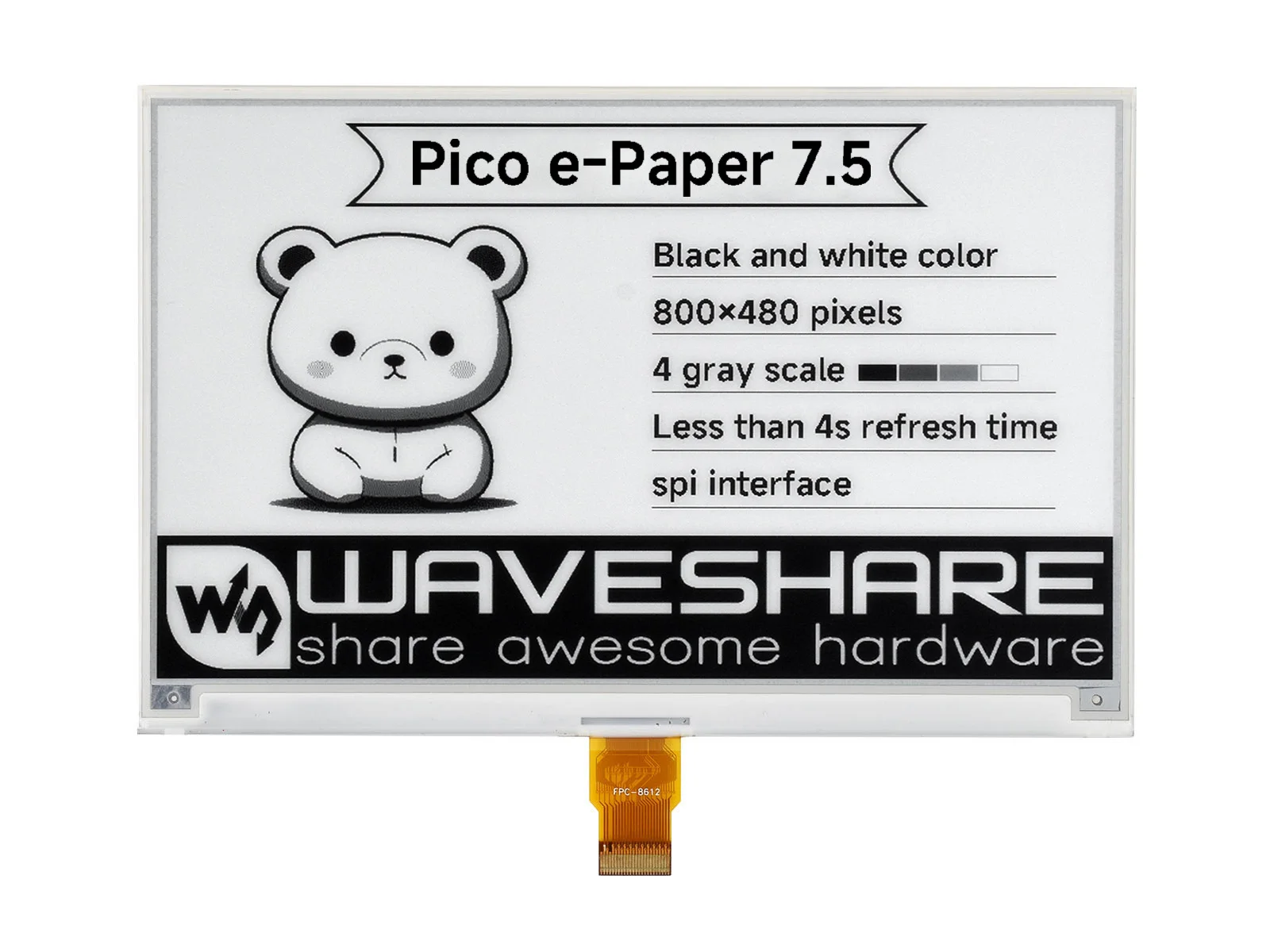 Waveshare 7.5inch E-Paper E-Ink Display Module For Raspberry Pi Pico, 800×480 Pixels, Black / White, SPI Interface