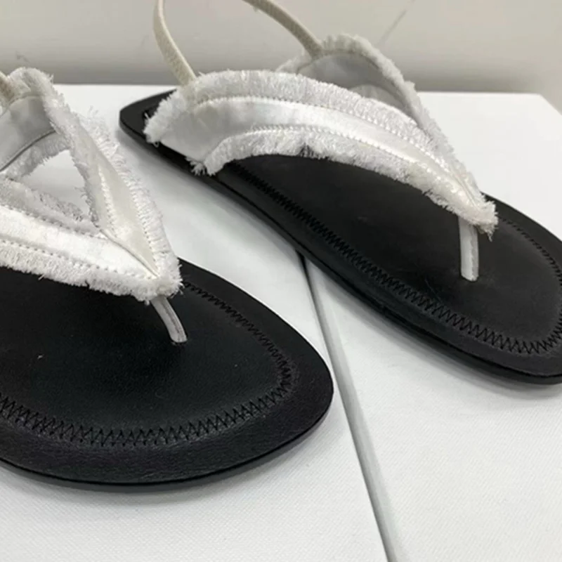 Withered Minimalist Women's Flat Bottomed Silk Satin Sandals French Genuine Leather Handmade Sandals Shoes For Summer