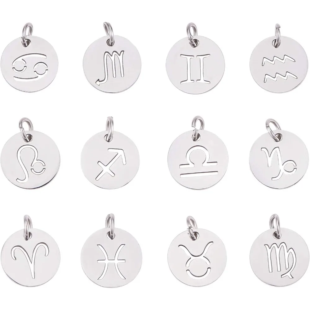 

24pcs Flat Round with 12 Constellation Pendants 12mm Stainless Steel Mixed Sign Charms 3mm Small Hole Zodiac Sign Charm for DIY