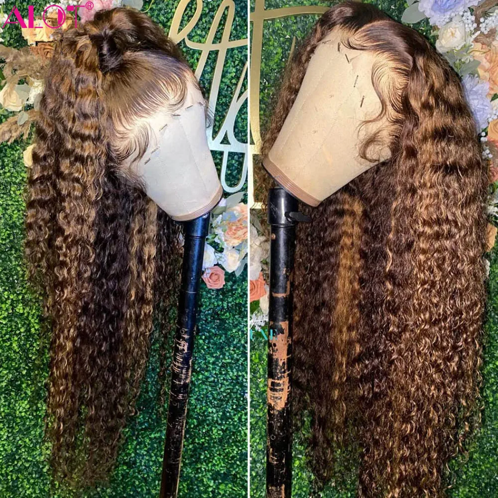 Highlight Loose Deep Wave Human Hair Lace Front Wig 4/27/30 Ombre Colored Wig Brazilian Brown Honey Blonde Lace Frontal Wig 210%