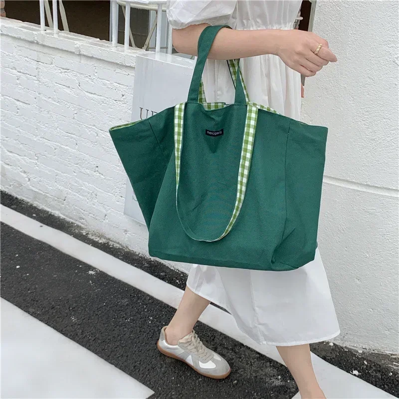 Women Canvas Shoulder Bags Plaid Double-side Large Capacity Handbags Female Shopping Portable Lazy All-match Foldable Tote Bag