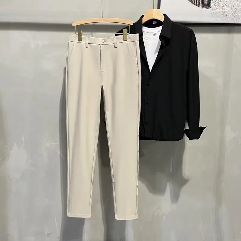 Ice Silk Fabric Trousers Pencil Summer New Men's Button Zipper Solid Color Fashion Slim Business Patchwork Pockets Suit Pants