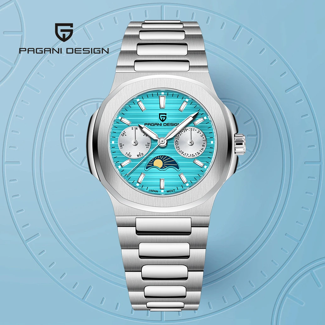 PAGANI DESIGN 2026 New Ice Blue Quartz Women's Watch Moon phase Automatic Date Chronograph Stainless steel Luminous Wrist watch