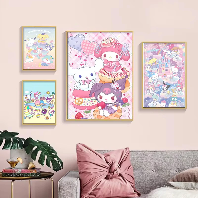 Anime Peripheral Sanrio Poster My Melody Cinnamoroll HelloKittys Canvas Painting Print Children's Room Decoration Christmas Gift