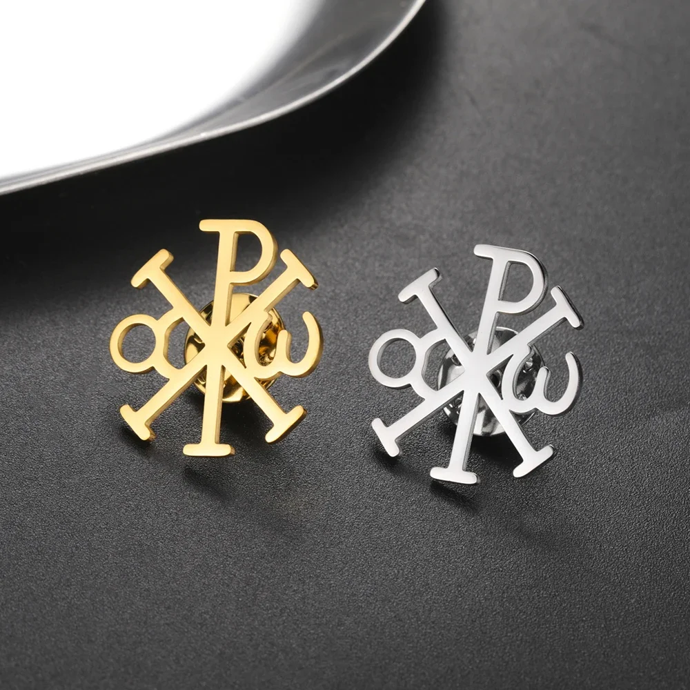 Dawapara Chi Rho Cross Brooch Pins Christogram Greek Symbol Religious Jesus Christian Jewelry Stainless Steel
