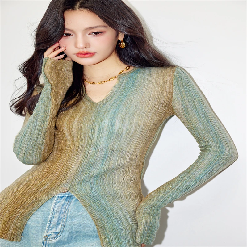 CJFHJE Spring Women's Gradient Tie Dyed Vertical Stripe Sweater Fashion V-neck Slim Fit Women Micro Transparent Pullover Knit