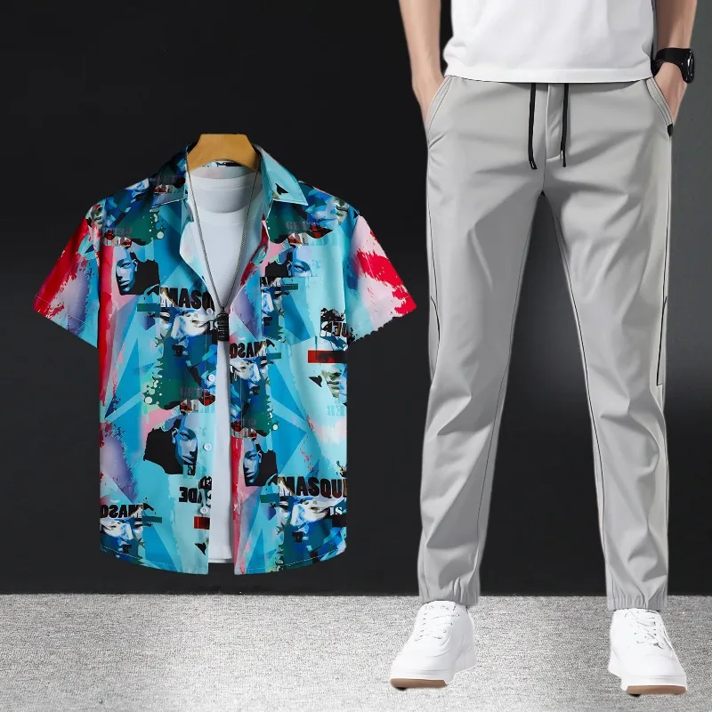 إنجلترا نمط رجل الصيف عارضة الزي قصيرة الأكمام طباعة القمصان والسراويل قطعتين مجموعة رقيقة النسيج خفيفة الوزن تنفس