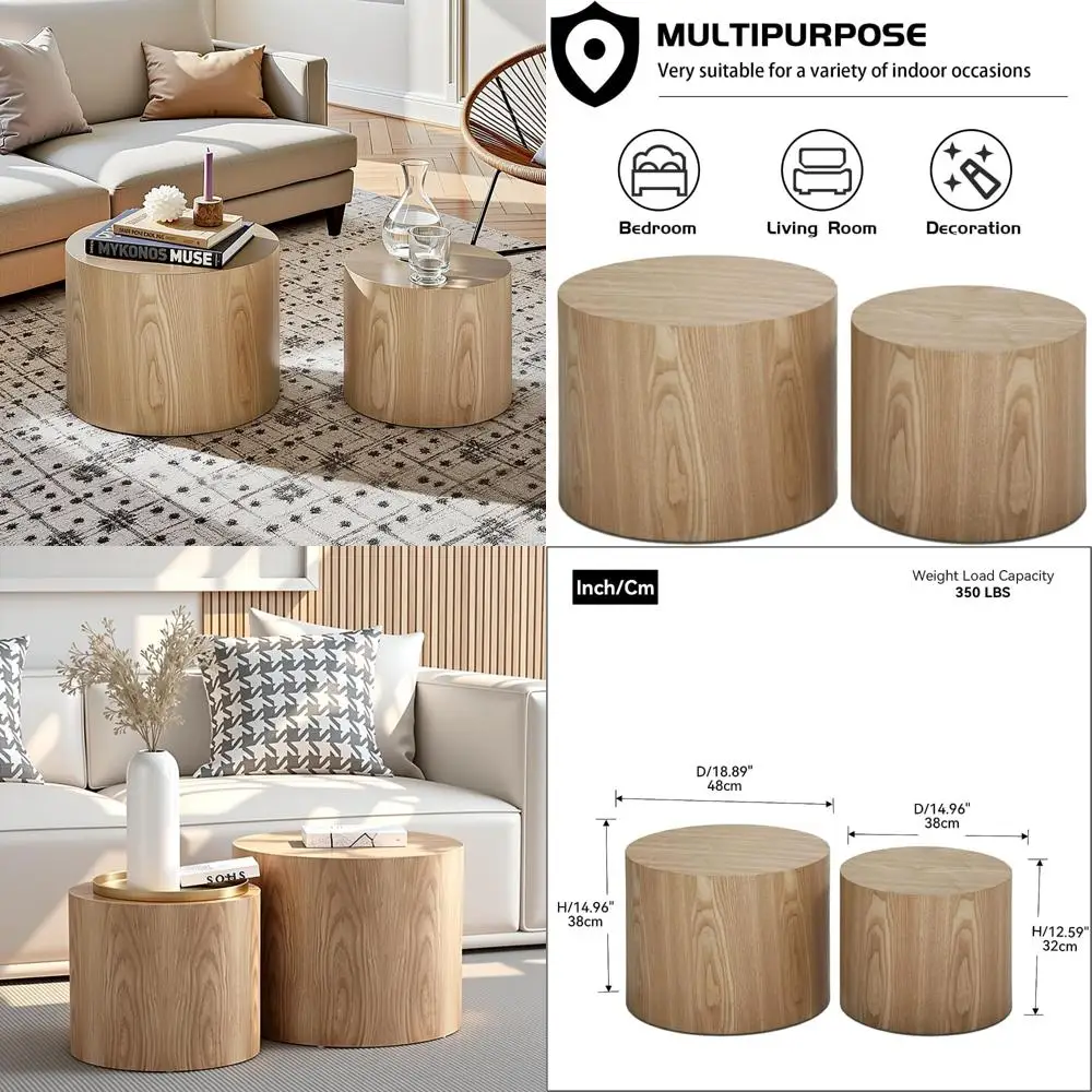 

Modern Oak Nesting Coffee Tables - Round Wooden Accent Tables for Small Spaces