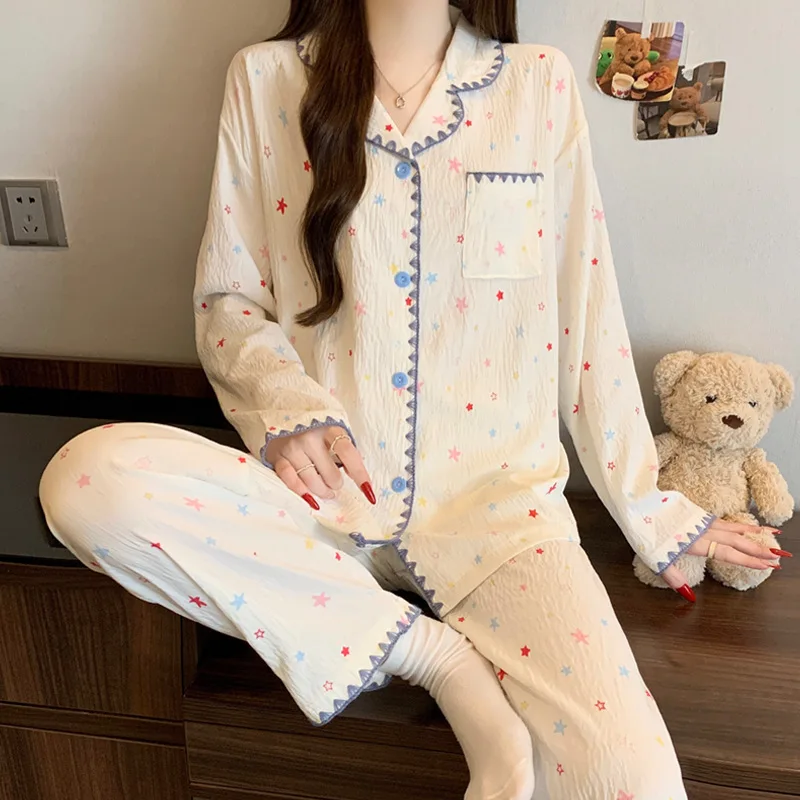 

Cloud Cotton Pajamas for Women - Fall Long-Sleeve Top & Pants Set with Cardigan Youthful Style, High-Fashion Loose-Fit Loungewea