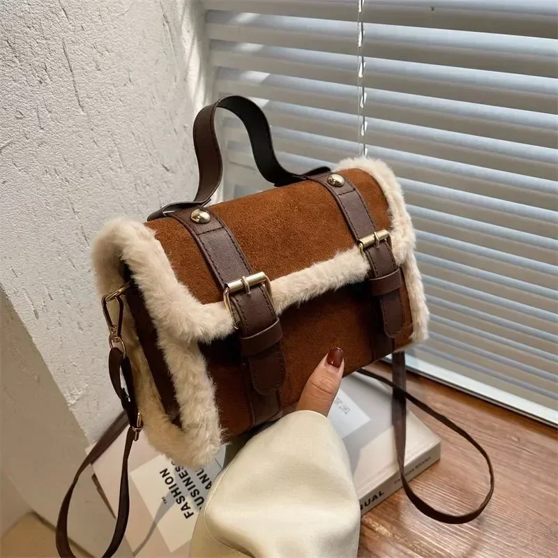 Lamb Wool Splicing Small Bag 2024 New Trend Versatile Handbag Fashionable Single Shoulder Crossbody Large Capacity Square Bags