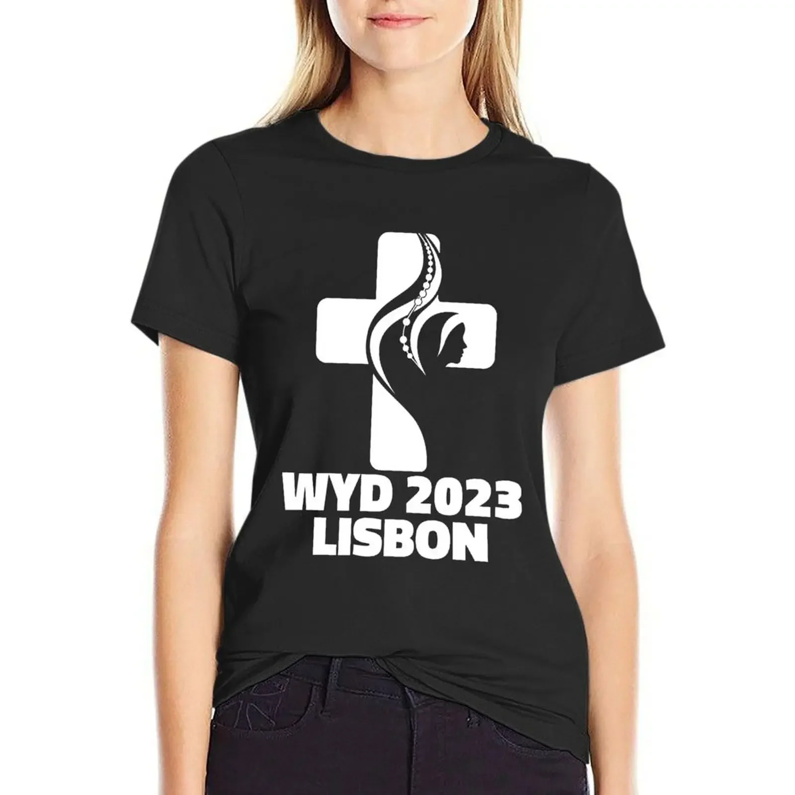 

WYD World Youth Day Lisbon 2023 official logo green v2 T-Shirt Short sleeve tee plain customs T-shirts for Women