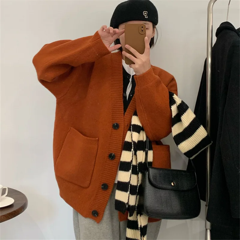 Autumn Winter Women Cardigan Sweater Coats Fashion Female Long Sleeve V-neck Knitted Jackets Y2k Korean Casual Sweater Cardigans