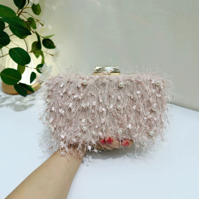 Fairy Tassels Fuzzy Clutch Bag Woman Handheld Wedding Party Banquet Box Bag Classic Pearls Beading Evening Purse Sweet Hand Bags