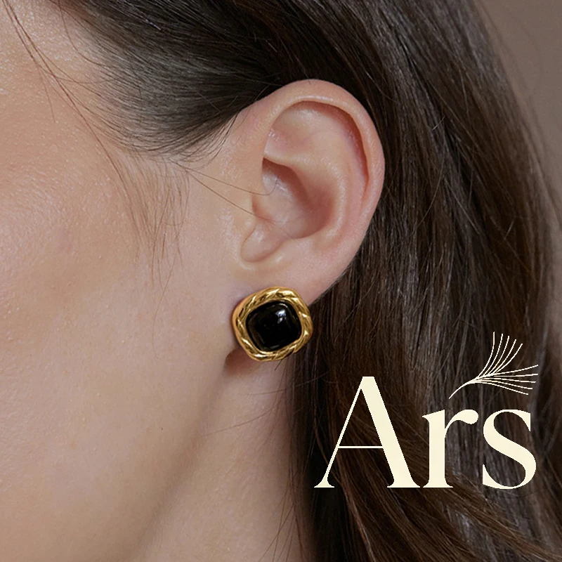 Ars 18K Gold Plated Stud Earrings for Women Stainless Steel Twisted Earring Geometric Black Resin Earrings Waterproof Jewelry
