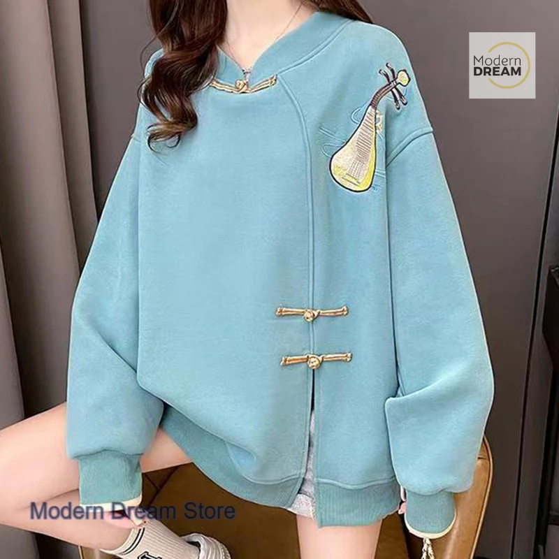 Chinese retro solid color fashion loose plus size blouse women's spring and autumn new embroidered casual loose thin hoodie