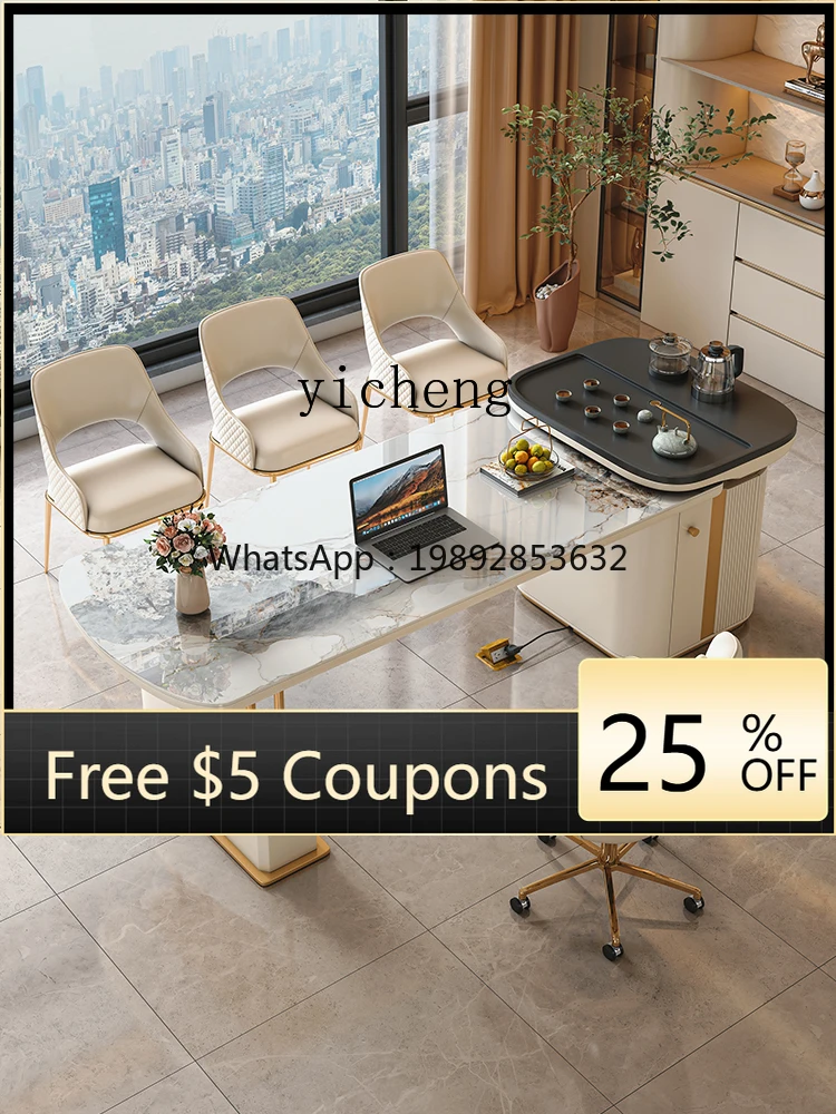 

Office Tea Table and Chair Set Home Tea Brewing Table with Kettle Integrated Rock Board Tea Table