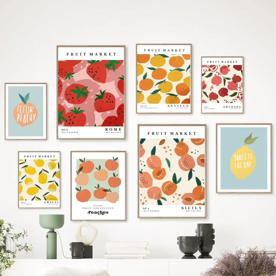 Abstract Fruit Market Wall Art, Orange, Lemon, Peach, Nordic Poster, Canvas Painting and Prints, Wall Pictures for Living Room D