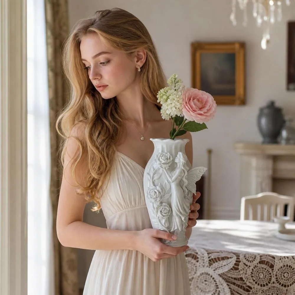 Practical 3D Printing Rose Fairy Vase Minimalist Creative Elf Emboss Vase Artistic White Floral Display Container Gift