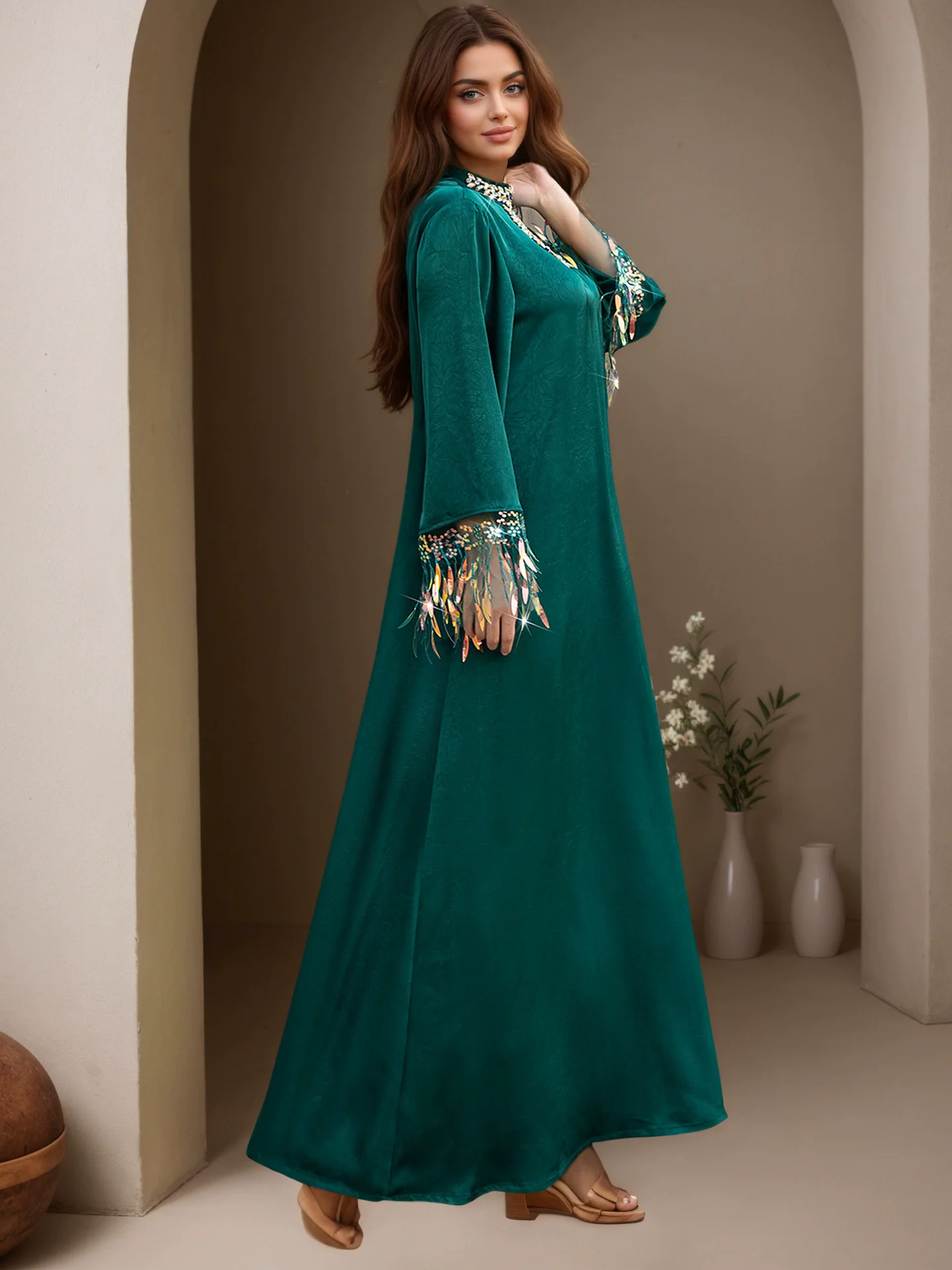 فستان مسلم المملكة العربية السعودية دبي للسيدات بياقة واقفة وأكمام طويلة مخيط يدويًا من الألماس عباية فستان سهرة جديد