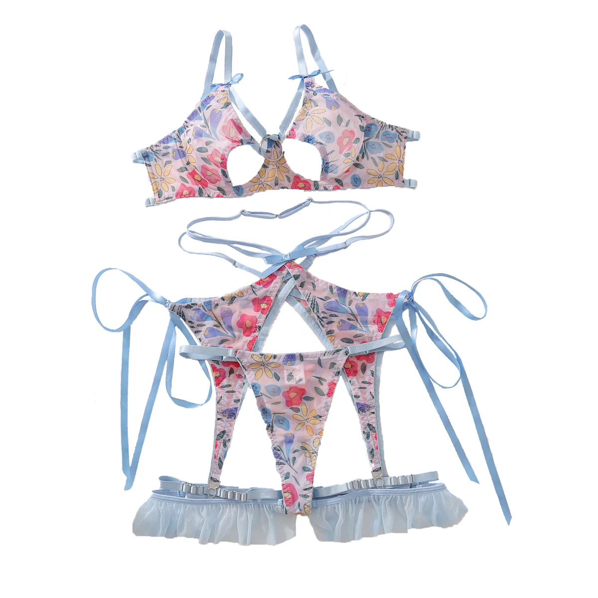 Soutien-gorge évidé à fleurs vintage pour femmes, jarretière de paupières, ceinture assortie, lingerie sexy, même ensemble de trois, 7.0