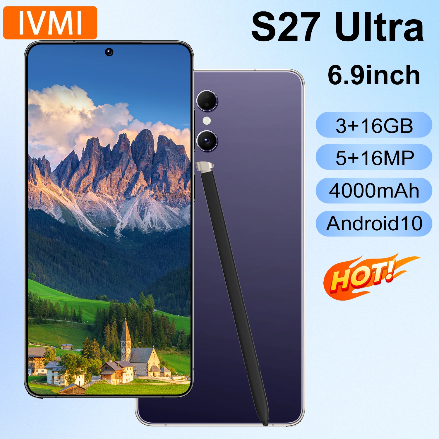 هاتف IVMI الذكي غير المقفل S 27 Ultra بذاكرة 3 جيجابايت + 16 جيجابايت، شاشة 6.9 بوصة، نظام أندرويد 10، شريحتي اتصال، متجر جوجل بلاي، هاتف محمول رخيص 4G إصدار عالمي