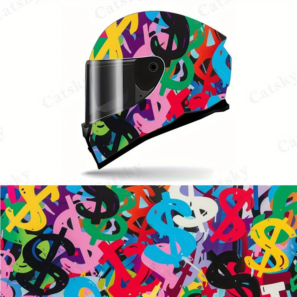 

Colorful dollar sign graffiti PVC Motorcycle Helmet Vinyl Wrap, Self-Adhesive Waterproof Sticker, Anti-Scratch Decorative Film f