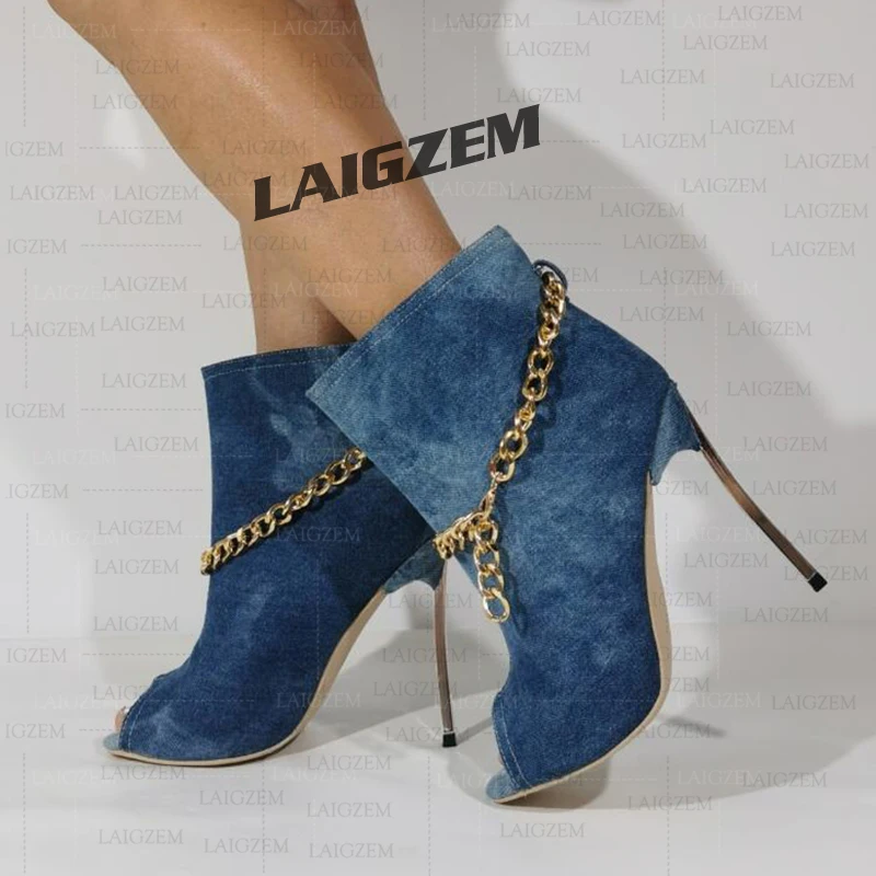 

DOHBANER Women Ankle Boots Denim Slip On Metal Thin High Heels Short Booties Handmade Ladies Shoes Woman Big Size 39 41 43 47