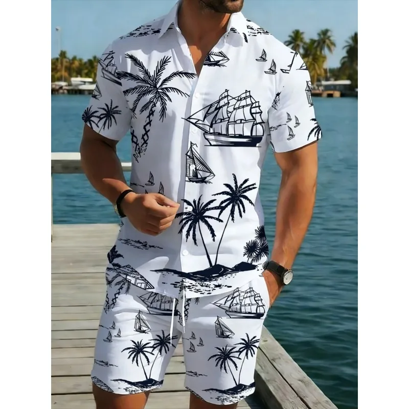 Conjunto de Camisa Blanca de Manga Corta y Pantalones Cortos para Hombre, Diseño de Palmeras y Veleros, Ropa de Playa Ligera, Informal, para Vacaciones, Cómodo