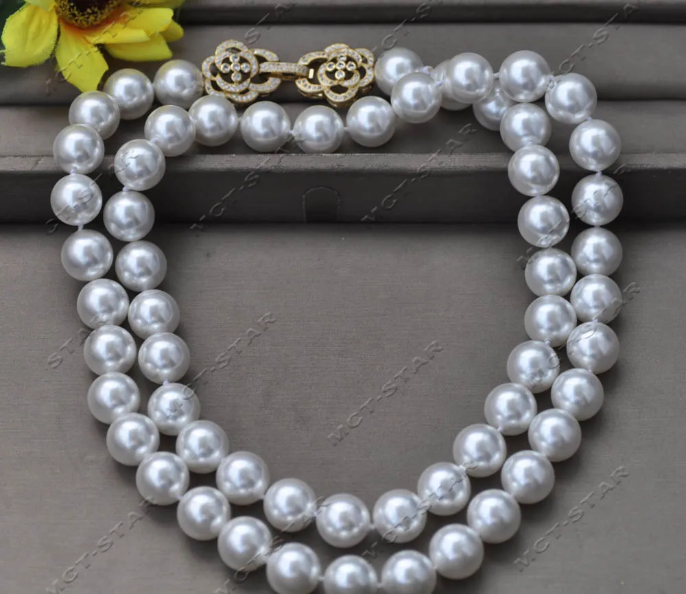 Z13495 36'' 14mm White Round South Sea Shell Pearl Necklace Rose CZ Custom Jewelry