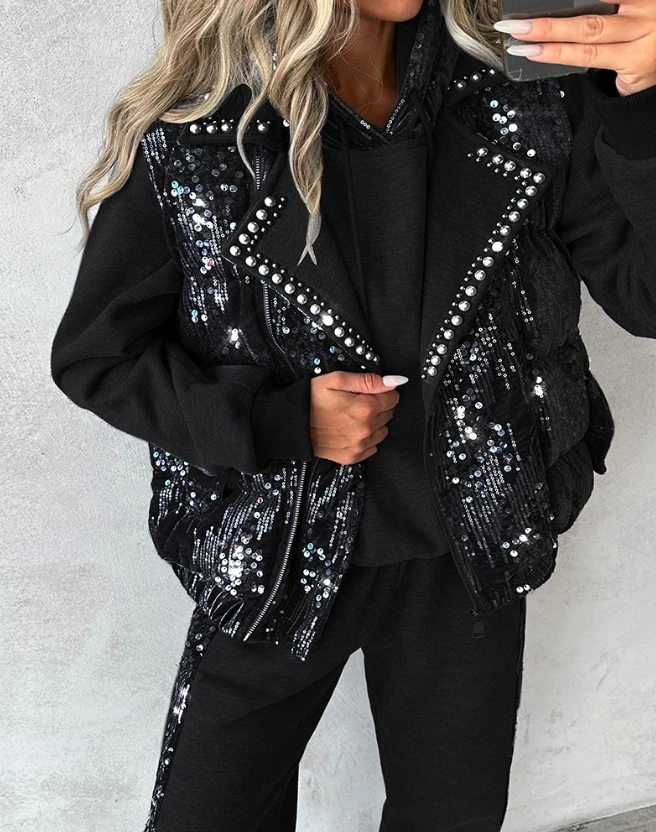 Jacket for Women 2024 Autumn New Winter Clothes Women Contrast Sequin Pearls Decor Vest Puffer Coat Trendy Street Vest Jacket