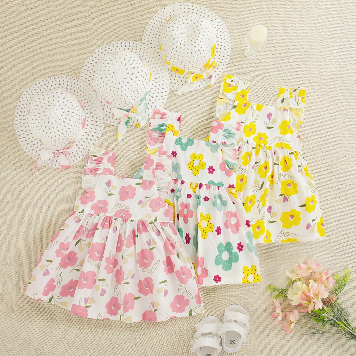 (0-3 vestido de bebê menina) verão novo doce floral roupas infantis sem mangas com chapéu grátis presente