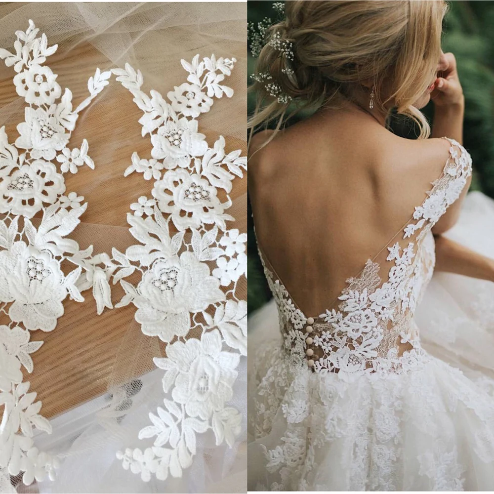 1 Pair White Lace Flower Patch Lace Fabric for Bride Garment Wedding Accessories Cloth DIY Craft 30*14CM