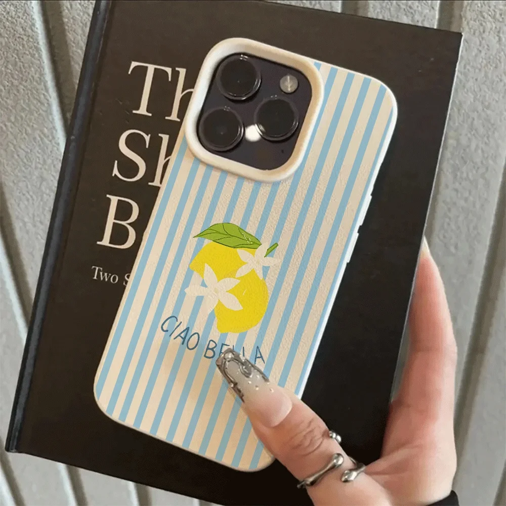 Koreanischer Stil Blaue Streifen Zitronen-Print Handyhülle für iPhone 17 16 15 14 13 12 11 Pro Max Plus 17 XR Silikon Matt Weiche Hülle – Detail 6