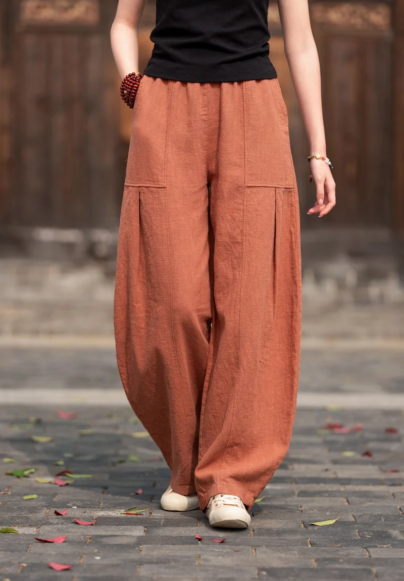

High Quality Cotton Linen Bloomers Women's Casual Trousers Spring Summer Vintage Sand Wash Ramie Loose Wide-leg Pants 2025 New