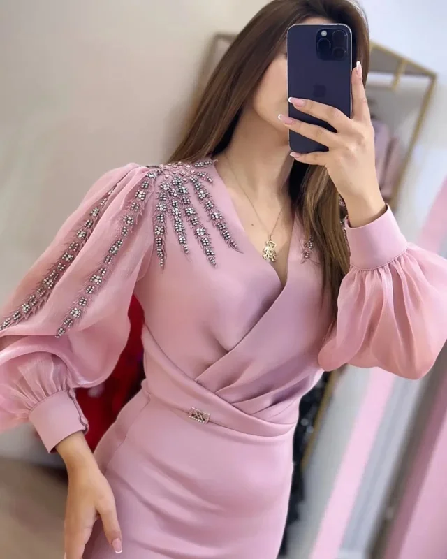 

Saudi V-Neck Tea Length Beaded Prom Dresses Puff Sleeves Satin Pink Mermaid Vintage Simple Evening Gowns Formal Partycustomized