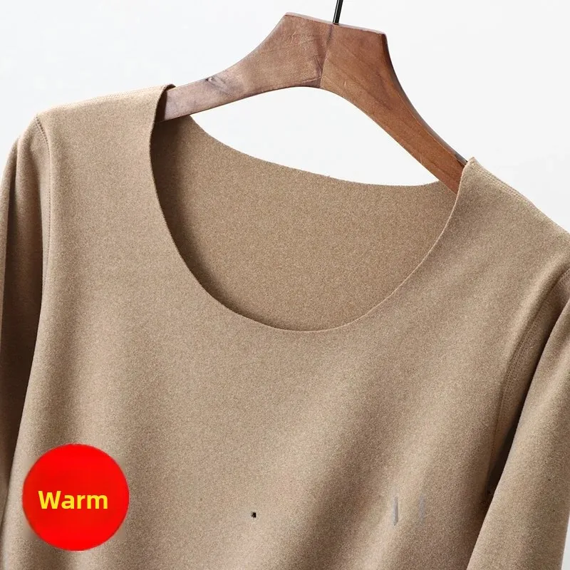 Women's Long Sleeve Fleece Lined Thickened Thermal T-shirt Korean Style round Neck Cotton Base Shirt Close Fit Inner Wear