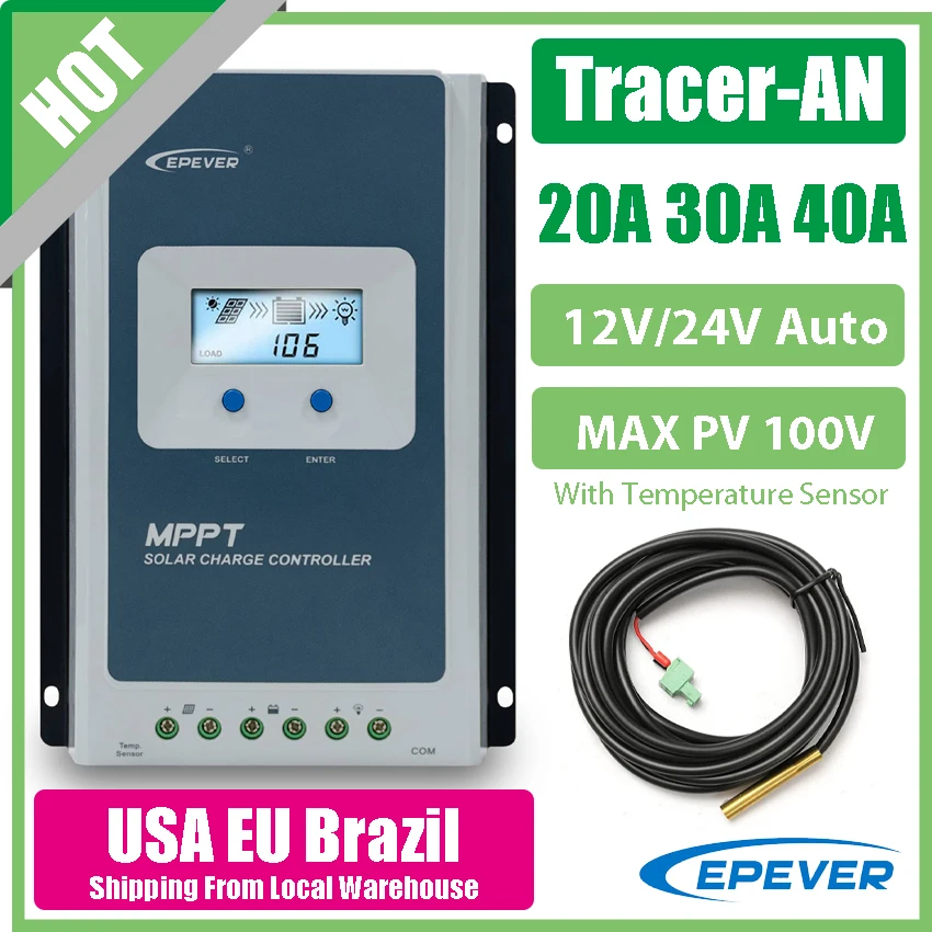 EPEVER 20A 30A 40A MPPT Solar Charge Controller 12V/24V Battery Auto 100V Panels Input TracerAN With Temperature Sensor