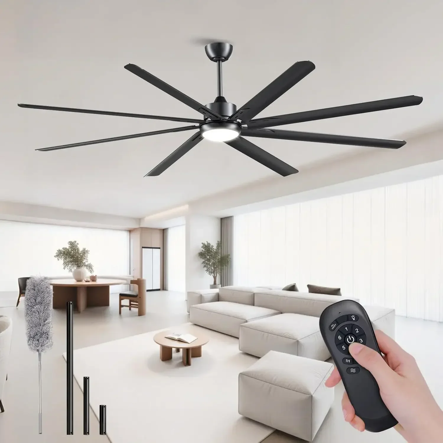 Modern 84 Inch Led Ceiling Fans With Lights, 1-6 Wind Speeds 3cct Black 84