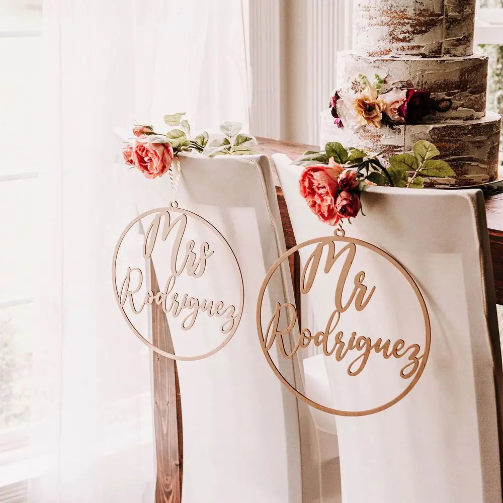 2 Stuks Gepersonaliseerde Bruid En Bruidegom Bruiloft Stoel Terug Teken Mr En Mrs Houten Stoel Decor Ronde Of Hart Party tafel Decoratie