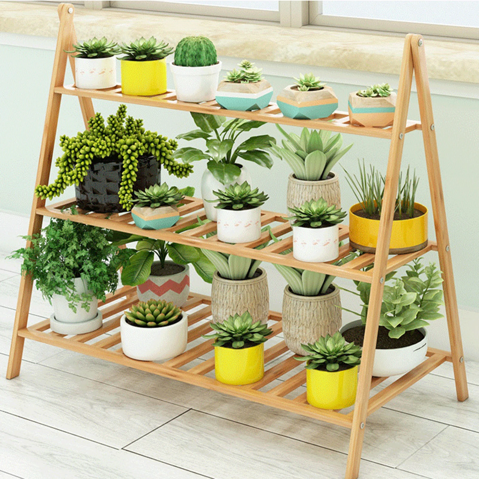 Flower Shelf Hollow Bamboo Plant Stand Multi-layer Decoration Household Trapezoidal Design Floor-standing Flowerpot Holder