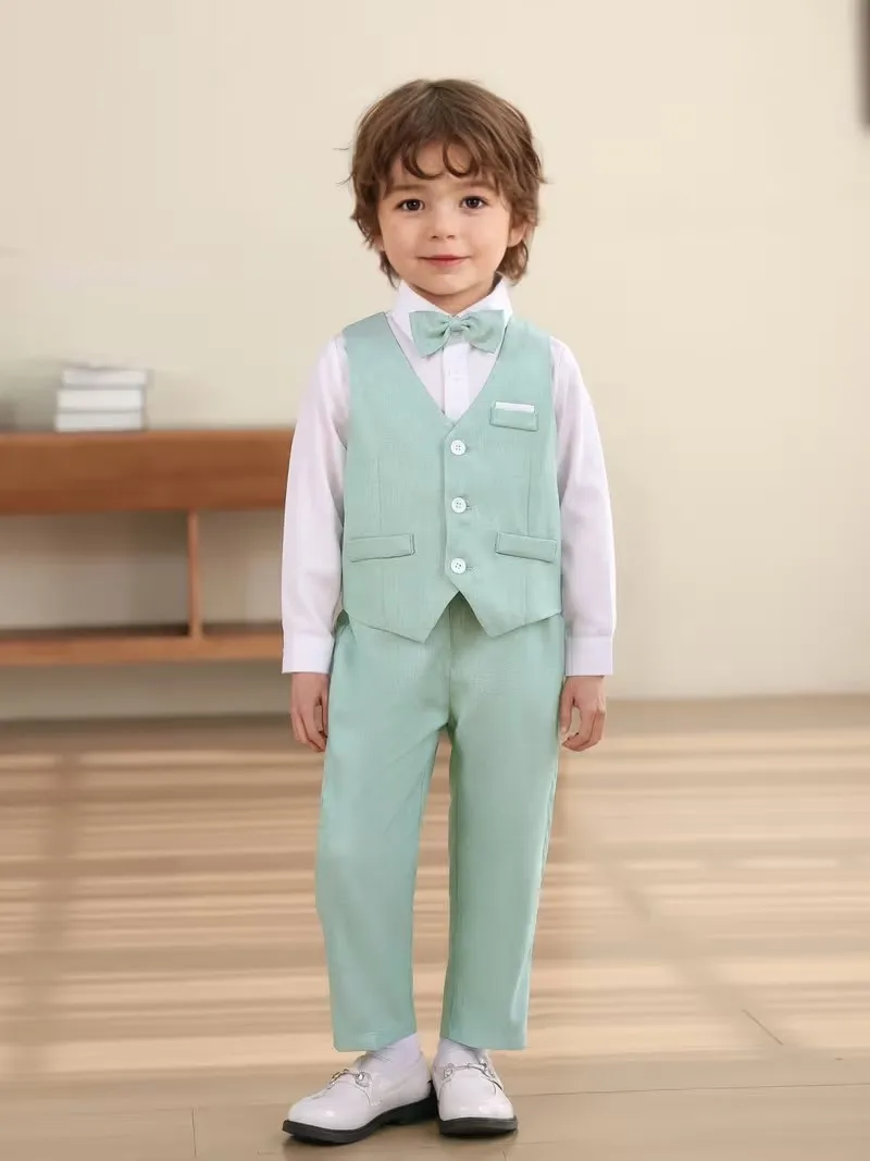 Boys Summer Blue Vest Shirt Pants Bowtie Photography Suit School Kids Wedding Dress Children Ceremony Cosplay UNIFROM Costume